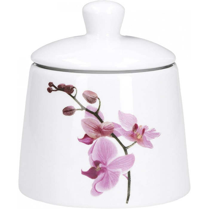 Набір цукерниці та молочника Van Well Kyoto, порцеляновий посуд з квітковим декором орхідеї, рожевий, 2 шт.
