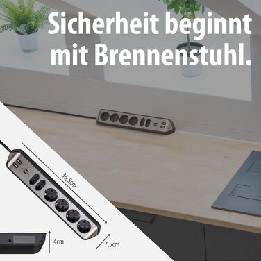 Смуга розеток Brennenstuhl Estilo Ecksteckdosenleiste 6-Fach: 4 розетки з заземленням, 2 Euro-розетки, 2 USB-порти (A), срібно-білий колір