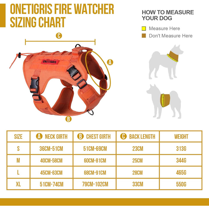 Тактичний нашийник для собак OneTigri Fire Watcher 2.0 з металевою пряжкою, з ручкою, No Pull, для великих собак, MOLLE, чорний (XL, помаранчевий)