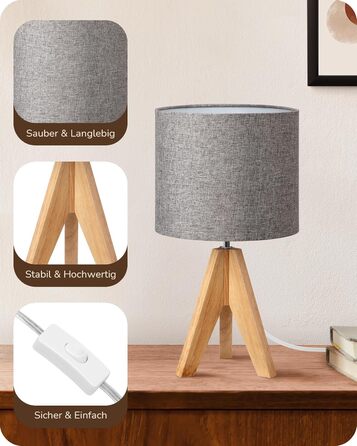 Торшер EDISHINE (2 шт.) з дерева, LED, бежевий абажур з льону, патрон E27, з лампою, вінтажний, для спальні, вітальні, подарунок (сірий)