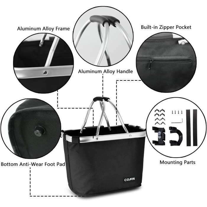 Складаний велосипедний кошик COFIT, знімний багатоцільовий кошик для велосипеда, для тварин, покупок, поїздок, кемпінгу та відпочинку на природі (Чорний)