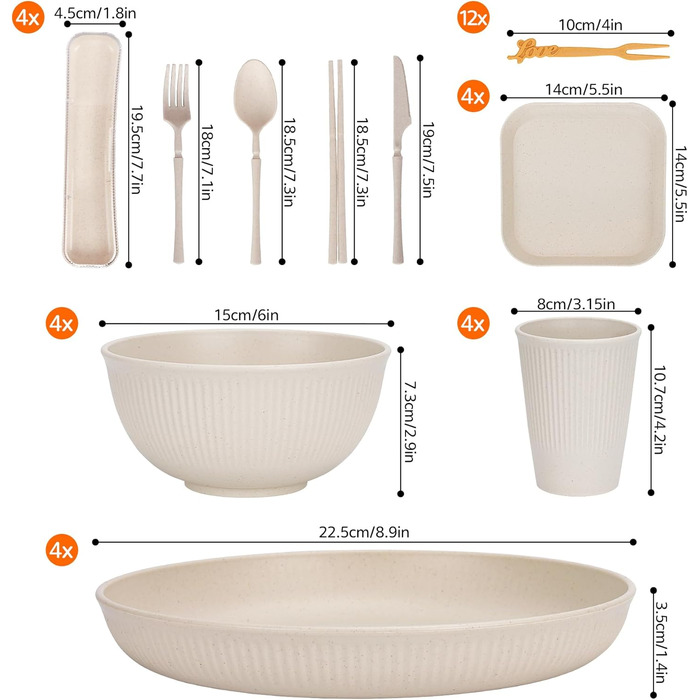 Набір посуду 48 шт. незламний, багаторазовий, пластиковий для кемпінгу, пікніка, барбекю (бежевий)