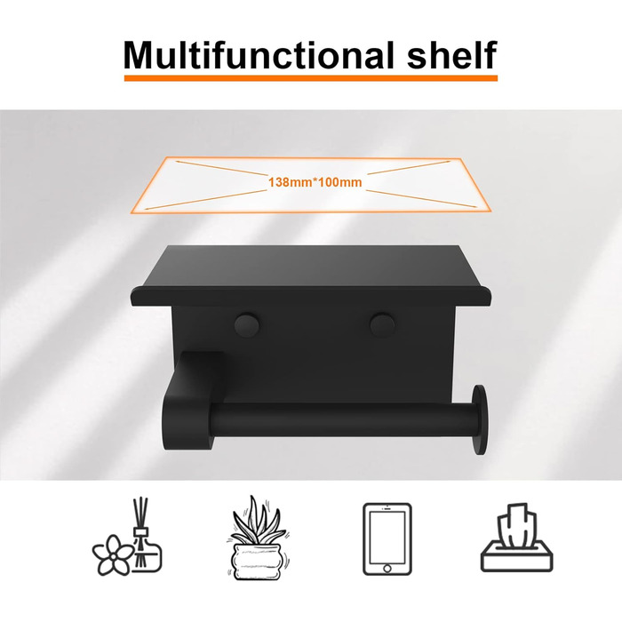 Тримач туалетного паперу Ibergrif з 2 способами монтажу, без свердління, з полицею, нержавіюча сталь, чорний