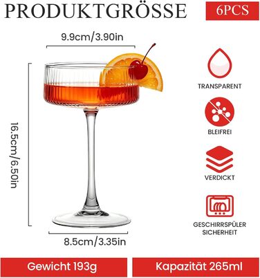 Набір келихів для Мартіні Vintage, 265 мл, рифлені, 4 шт. - Класичні келихи для коктейлів, вина та шампанського