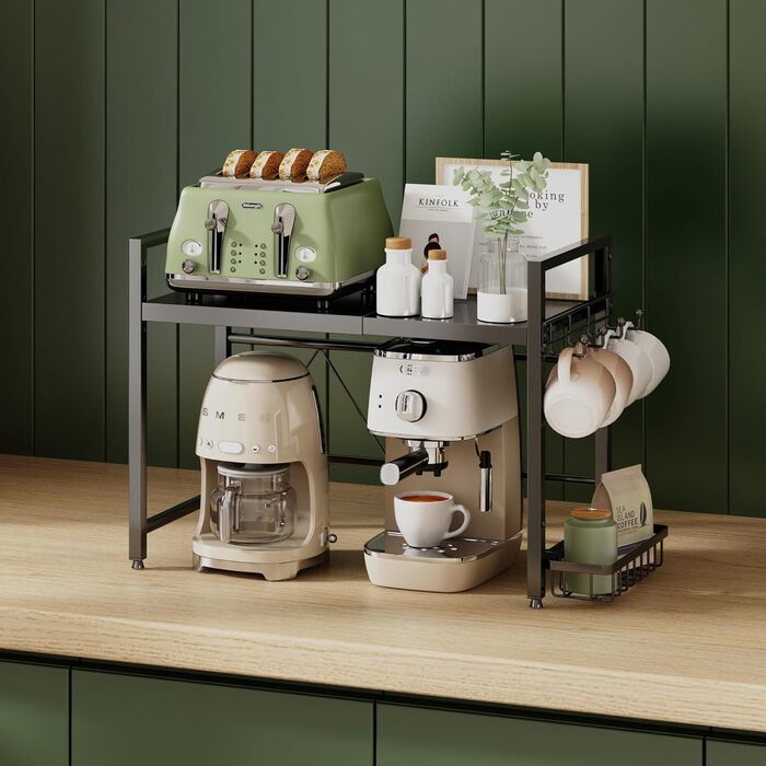 Регульована полиця для мікрохвильової печі NETEL 2-ярусна, чорна, висувна 40-60 см з тримачем для напоїв та кошиком