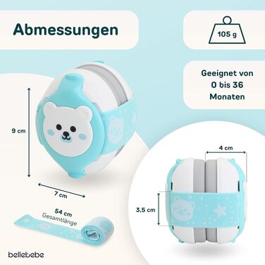 Захист вух для немовлят BELLEBEBE - 0-36 місяців, гіпоалергенний, BPA-free, сертифікований EN352-1, RoHS, CPC, регульоване наголов'я, сумка для перенесення (Азуль)