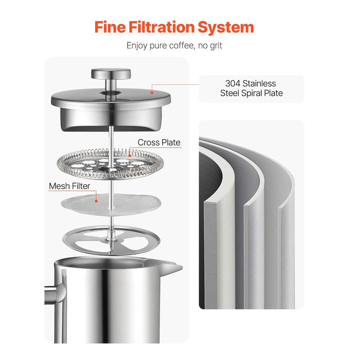 Френч-прес VEVOR 1,5 л з нержавіючої сталі - кавова преса, чайник з фільтром, для кемпінгу, подорожей, кухні, срібний