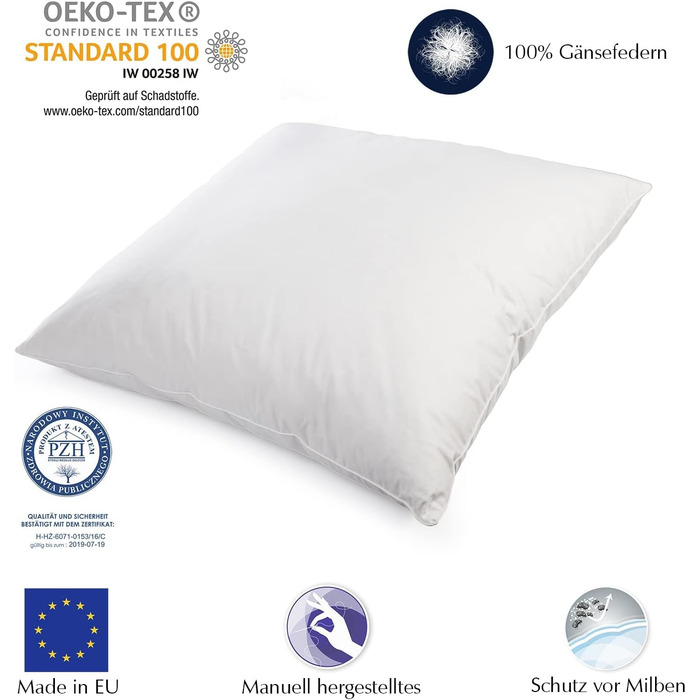 H&F Heimtextilien 4-Piece Set | Premium Quality | Pillowcases 80x80 cm | Filling: 1300 grams of feathers, goose feathers | 100% Natural Pillow | Cover: 100% Cotton | Feather Pillow 80 x 80 cm | Oeko-TEX Certified 1300.0 grams 4