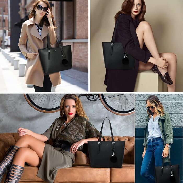 Сумка жіноча TANTOMI з гаманцем: для офісу, школи, покупок, велика, чорна, з пензликом та помпоном з штучного хутра