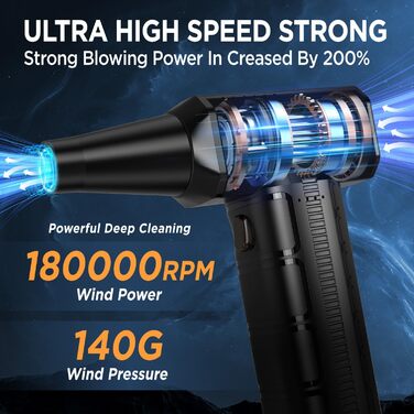 Електричний пилосос для пилу бездротовий, 180 000 об/хв, 7500 mAh, 3 швидкості, для комп'ютера та авто