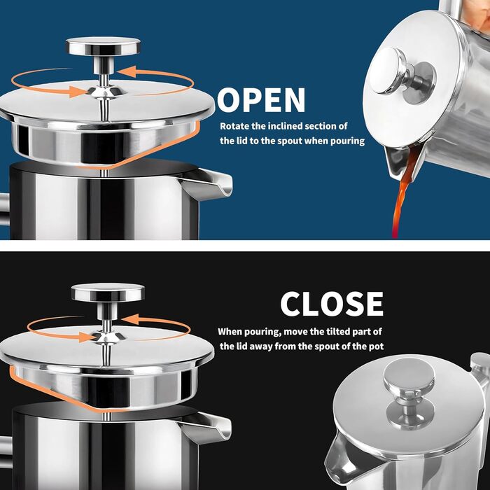 Френч-прес MERMOO YILAN 1L з нержавіючої сталі: термоізольований кавовар для кемпінгу, з подвійною стінкою, 1000 мл (срібний)