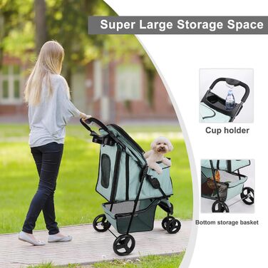 Дитяча коляска для тварин, складна, для котів/собак, з кошиком для зберігання та тримачем для напоїв, 3 колеса, для собак та котів, для маленьких або середніх собак, котів, цуценят (Блакитно-зелений)