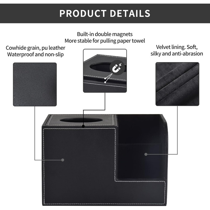 Організатор для серветок з шкіри, коробка для тканинних серветок, квадратна, з тримачем для пульта, чорний