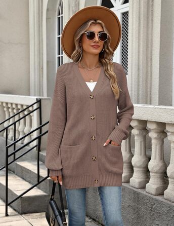 Жіночий в'язаний кардиган Zeagoo з довгим рукавом, вільний крій, V-подібний виріз, грубий в'язання, на кнопках, кавовий колір, розмір XL