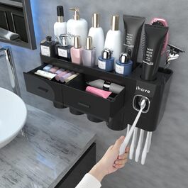 IHave Toothbrush Holder Wall Mounted, Bathroom Toothbrush Holder with Toothpaste Dispenser, 3 Cup Toothbrush Holder with Drawer, Large Capacity Toothbrush Organizer Bathroom (4 Cups, Bathroom Black)