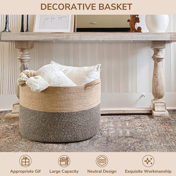 TIMEYARD Storage Basket, Storage Basket for Kids, Children's Laundry Basket, Large Christmas Tree Basket, Basket for Blankets, Baby Toys, Woven Basket, 55x35cm, Black & Jute