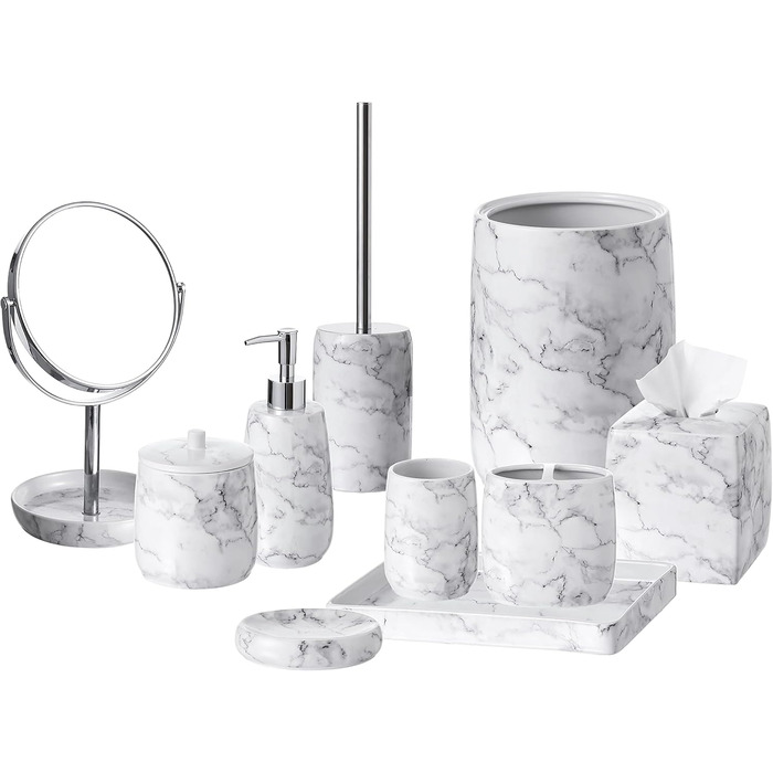 Motifeur Badaccessoires Set, 5-Piece Ceramic Bathroom Accessories Set with Lotion Dispenser/Soap Pump, Cotton Swab Holder, Soap Dish, Cup, and Toothbrush Holder (Marble Look)