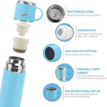 Термос IAGORYUE з нержавіючої сталі, 0,55л, ізольована пляшка з кришкою без витоку та ручкою, подвійні стінки, зберігає тепло та холод до 12 годин - для спорту, офісу, активного відпочинку (блакитний)