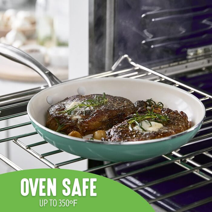 Набір сковорідок GreenLife Artisan, керамічне покриття, антипригарні, 20.3 та 25.4 см, нержавіюча сталь, без PFAS, придатні для миття в посудомийній машині, жаростійкі, набір каструль 1QT та 2QT, колір: бірюзовий