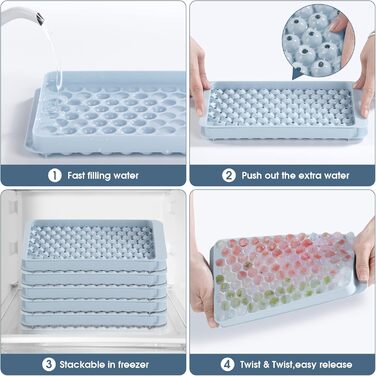 Mini ice cube trays for freezer, 5 pack, small ice cube mold with lid and trash can, 104x5 pieces, tiny crushed ice cube mold, round ice cube mold, coffee juice, Blue
