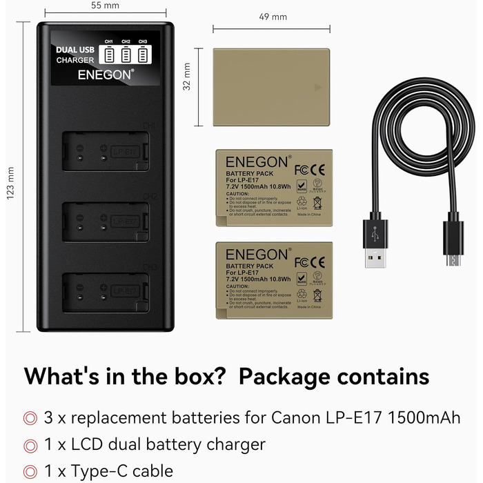 Акумулятори ENEGON LP-E17 1500mAh (3 шт.) + Зарядний пристрій LCD з 3-секційним відсіком, сумісний з Canon EOS R10, R8, RP, R50, R100, 200D, 250D, 77D, 750D, 760D, 800D, 8000D, M3, M5, M6, Rebel SL2, T6i, T6s, T7i