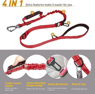 Тактична повідок для собак AUBELL, міцна, світловідбиваюча, без натягу, банджі-повідок для середніх та великих собак, з м'якою ручкою, авто-ремнем безпеки, обертання на 360°, зелена (M-L, червона)