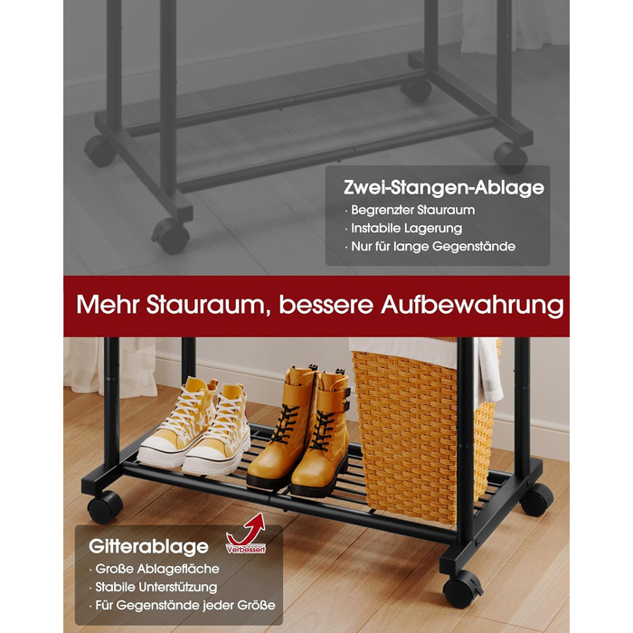 Підвісна штанга для одягу на колесах з сітчастою полицею та гачками, 73 x 42 x 150 см, чорний колір