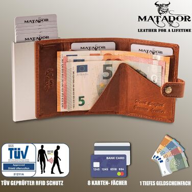 Гаманець Matador Slim Miami без відділення для монет – шкіряний картхолдер з RFID-захистом та POP-UP механізмом, коричневий вінтаж. Міні-портмоне зі шкіри для чоловіків у подарунковій коробці