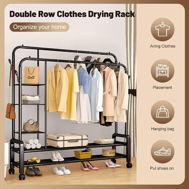 Clothes rack, clothes rod, rolling clothes rack, rolling clothes rod, stable clothes rack, black clothes rack, clothes rack with wheels and two clothes rods (Black)