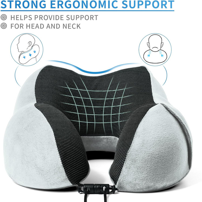 Подушка для шиї SOMLAW (2 шт.) з memory foam, ергономічна, для подорожей, літака, авто, офісу, з маскою для сну та берушами (сіро-білий)