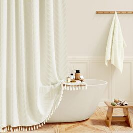 Штора для душу BTTN 180x180 см, бежева бохо, з китицями, водонепроникна, з гачками (1 шт)