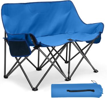 Складане крісло-диван для кемпінгу на 2 особи - переносна модель з підлокітниками та сумкою, блакитний, 110 см. Ідеально для пікніків, кемпінгу, саду, балкону, риболовлі та відпочинку на природі.