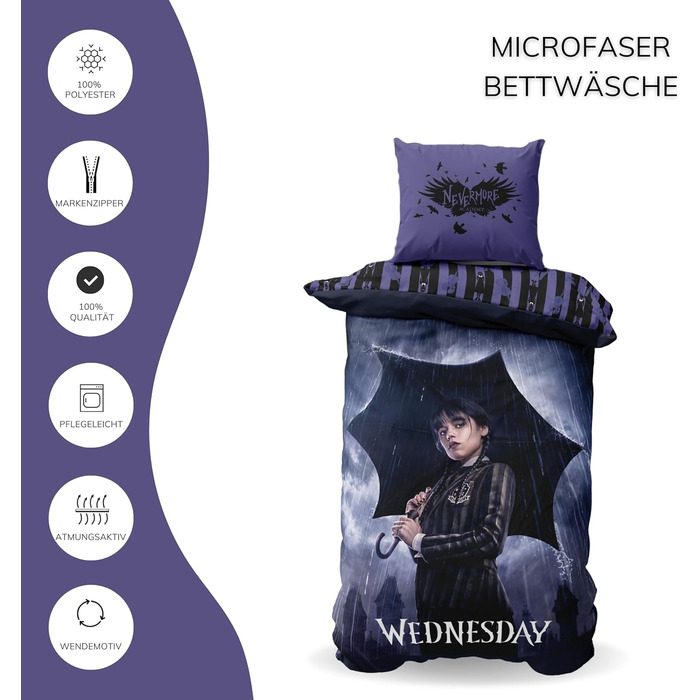 Комплект постільної білизни Wednesday Addams 135x200: ковдра та наволочки, мікрофібра, для дітей та підлітків