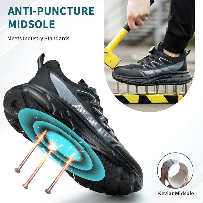 Черевики безпеки для роботи: чоловічі та жіночі, зручні, з металевим носком, легкі, дихаючі, для промисловості, з поворотними пряжками та шнурівками, 42 EU, чорні