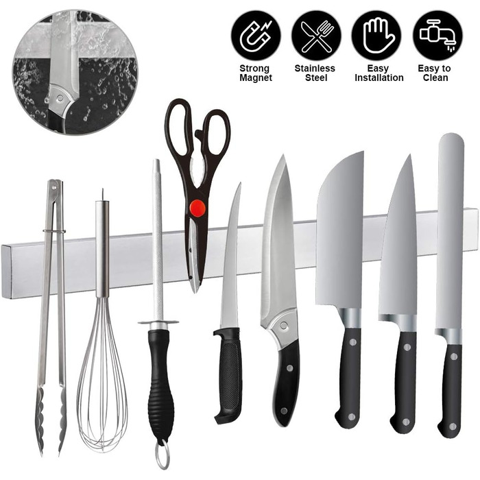 Ninonly Magnetic Knife Strip Magnetic Knife Holder Self-Adhesive 50cm (20inch) Stainless Steel Knife Rail Magnet Without Drilling Magnetic Knife Rail Wall Mount for Kitchen, Office, Workshop