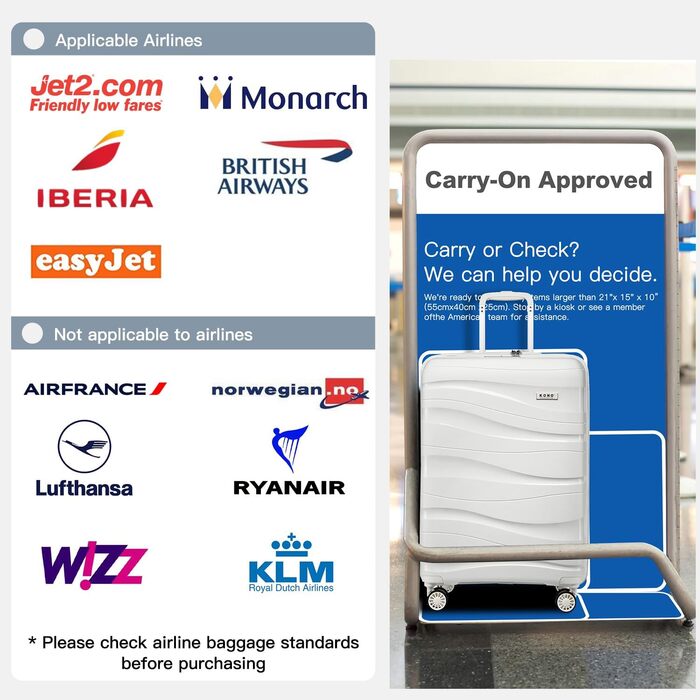 Набір валіз KONO 2 шт: ручна валіза-тележка 56 см + косметичка з поліпропілену, жорсткий корпус, 4 колеса, TSA-замок (кремово-білий)