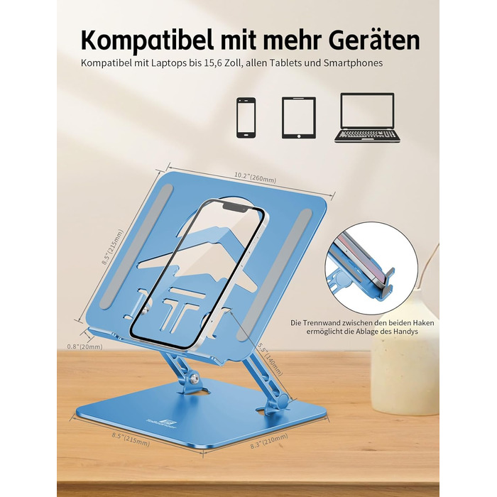 Підставка для ноутбука Ergonomic Aluminium, регульована по висоті та складна, стабільна та неслизька, покращена вентиляція, сумісна з MacBook (до 15,6 дюймів) (Темно-синій)