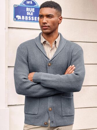 Чоловіча в'язана куртка Runcati з коміром-шарфом, візерунок коси, ґудзикова застібка, зимова, велика в'язана з кишенями, сірий XL