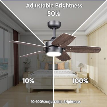 Стеляний вентилятор для маленьких кімнат: сучасний вентилятор з регульованою яскравістю, пультом дистанційного керування, реверсивним двигуном, 6 швидкостей, тихий, 230V (Бронза+волоський горіх, 91 см)
