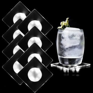 MEDOYOH 8-Piece Square Cool White LED Coasters for Drinks, ON/Off Switch Drink Coasters Set, Waterproof Coasters Glowing for Glasses Bottles Parties Weddings Bar Christmas