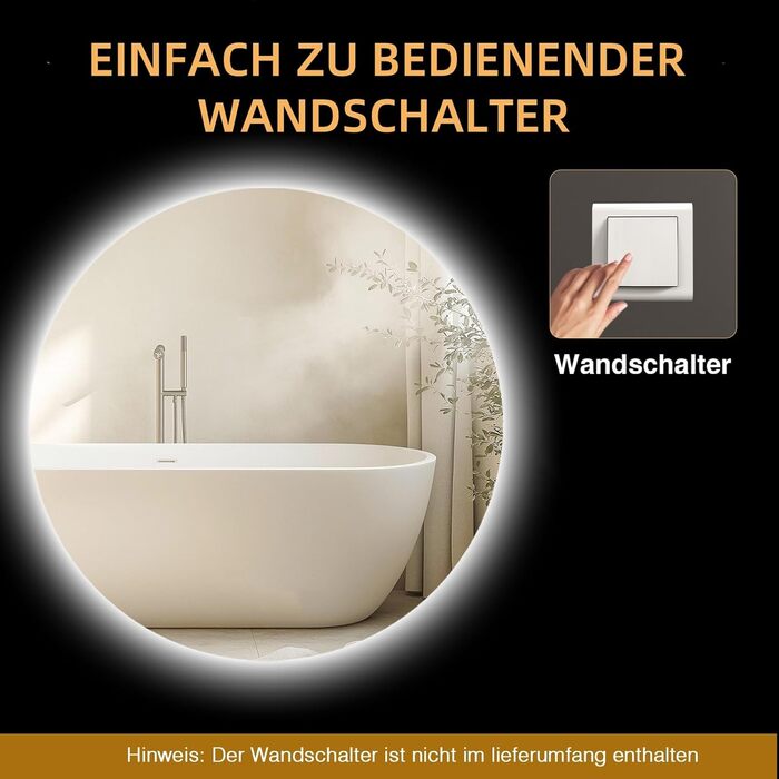 Дзеркало для ванної кімнати з підсвічуванням 70 см, LED дзеркало з підсвічуванням, 3 кольори світла, антизапар, регулювання яскравості, сенсорне управління, функція пам'яті, кругле водонепроникне дзеркало для ванної кімнати IP44 (6500K, 50x50 см)