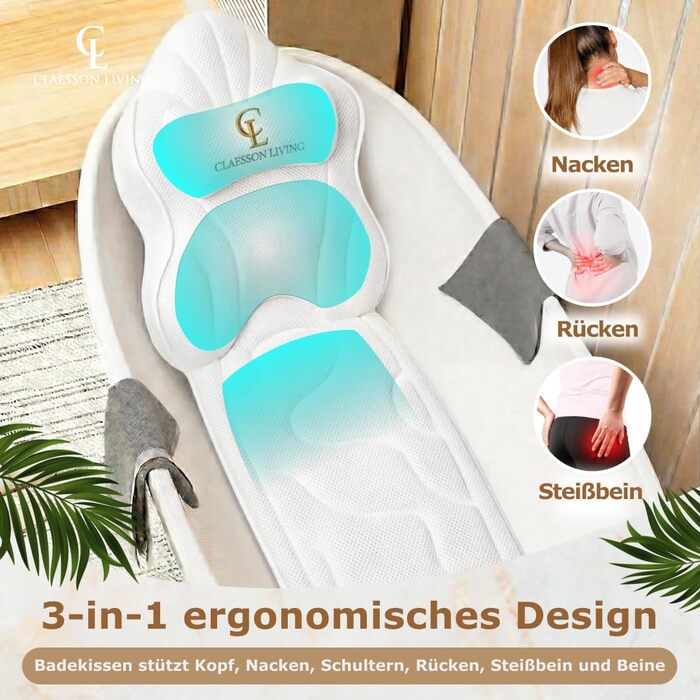 Подушка для ванни для всього тіла 126x41 см з підголовником, підтримкою для шиї, спини та ніг. Біла, тепла біла. У комплекті: мішок для прання/подорожі та гачок для сушіння.