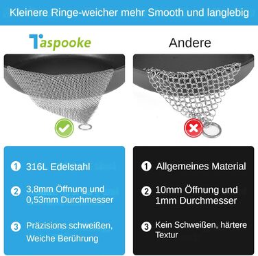 Cast Iron Cleaner Improved Small Circle, 3.8 mm, 18''x18'' Stainless Steel 316L Chain Mail Scrubber Pad for Household Pans, Frying Pans, Waffle Irons, and Glassware
