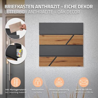 Поштовий ящик ML-Design Anthrazit/Ефект дерева Дуб, сталь, 37x37x11 см. Сучасний настінний поштовий ящик з газетницею, з замком та 2 ключами.