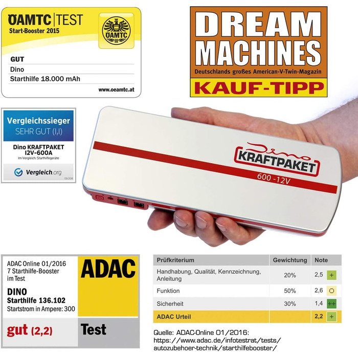 Портативний пусковий пристрій Dino KRAFTPAKET 12V-600A: для авто, мотоциклів та човнів. Підтримка різних типів акумуляторів (свинцево-кислотні, GEL, EFB, AGM). Ємність 66.6Wh, 18000mAh.