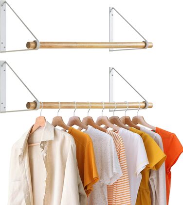 Wall Mounted Clothes Rack, Wall Clothes Stand, Entryway Furniture in Industrial Style, Modern Coat Rack, Coat Rack for Bedroom Bathroom Balcony Indoor Outdoor, TYJ005W (80cm*2, Wood + White)