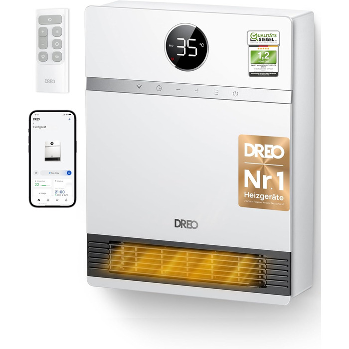 Dreo Smart Wandkonvektor: 2000W, Wi-Fi, термостат, пульт, таймер, білий