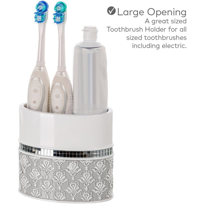 Набір аксесуарів для ванної кімнати Creative Scents Mirror Damask (6 предметів) - Дозатор для мила, мильниця, стакан, тримач для зубної щітки, кришка для серветок, сміттєвий кошик (сірий та білий)