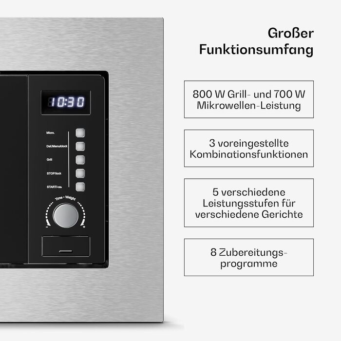 Мікрохвильова піч Klarstein Verosteel вбудована 60 см з грилем – 20L, 700W, 8 програм, сенсорне керування, нержавіюча сталь, функція розморожування, LED-підсвічування