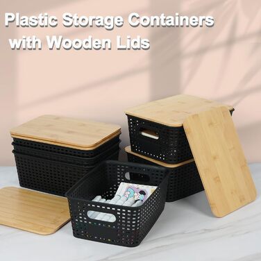UHAPEER Storage Box with Bamboo Lid, 6 Pack Storage Basket, Plastic Basket Storage, Kitchen Organizer White, Stackable Storage Boxes, Box with Lid 25.6 x 18 x 10.7 cm (Black)